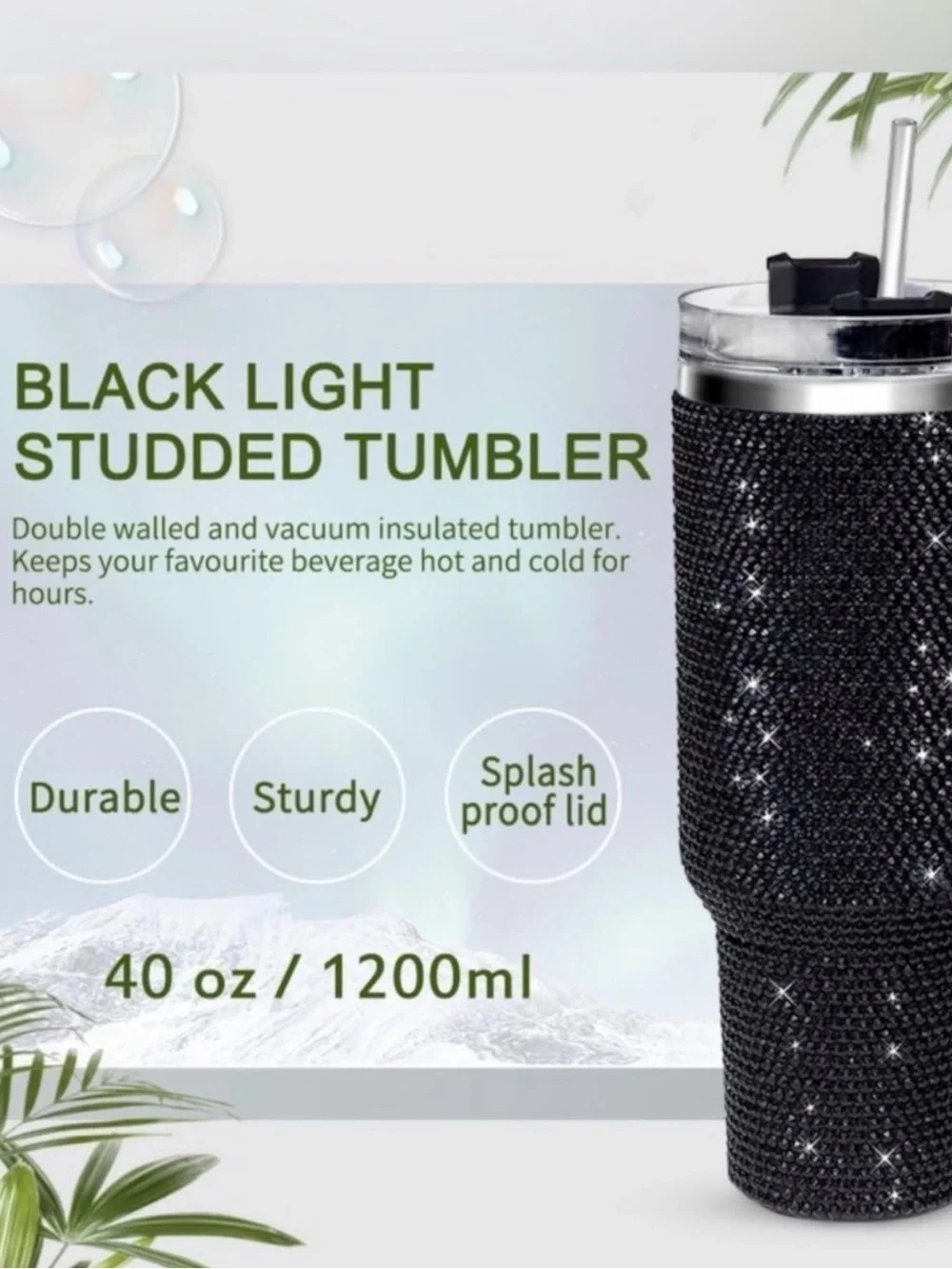 Black Rhinestone Bling Travel Tumbler Spill-Proof Lid Straw Handle 40 ounces NIB